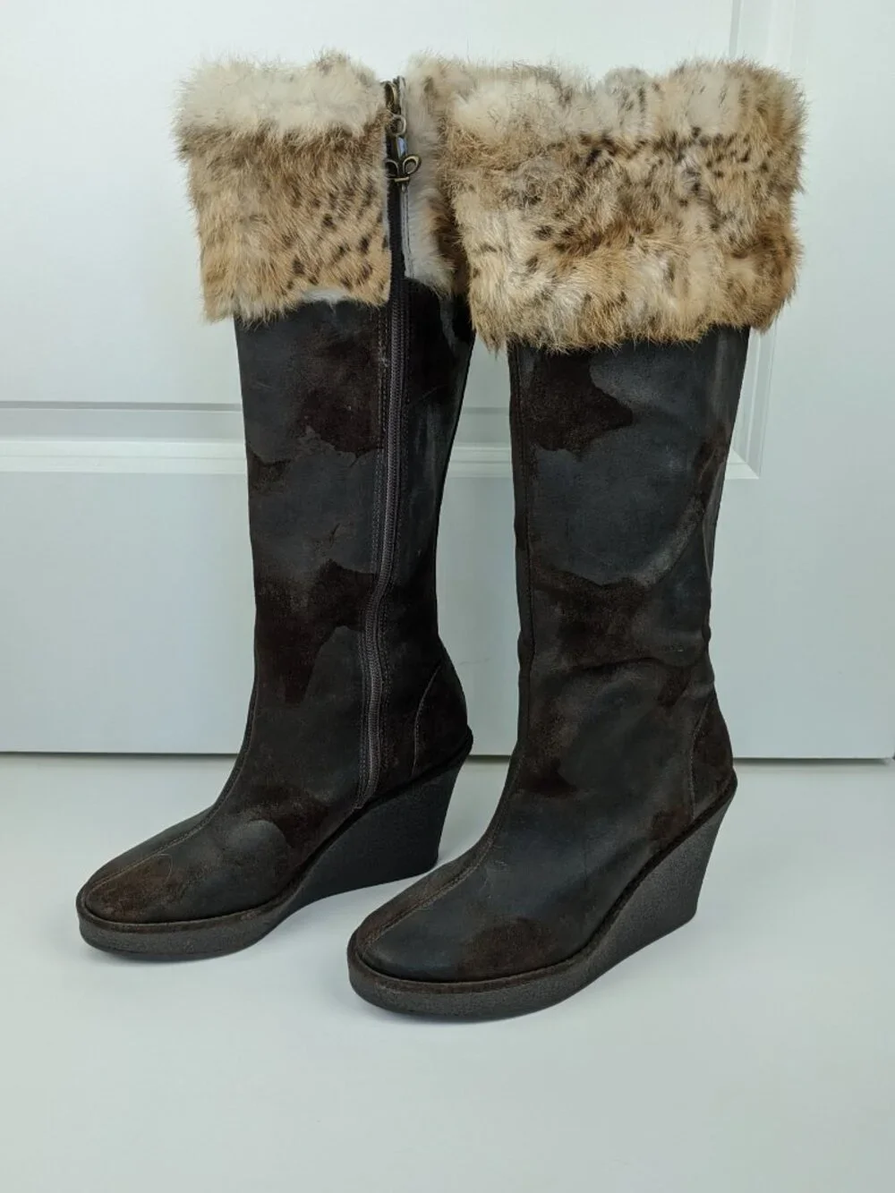 DONALD PLINER Tiara Dark Brown Distressed Suede Wedge Boots with Fur Cuffs